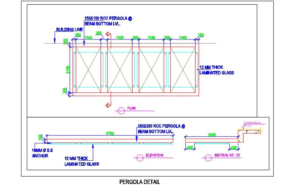 Pergola CAD Drawing- RCC Structure with Laminated Glass